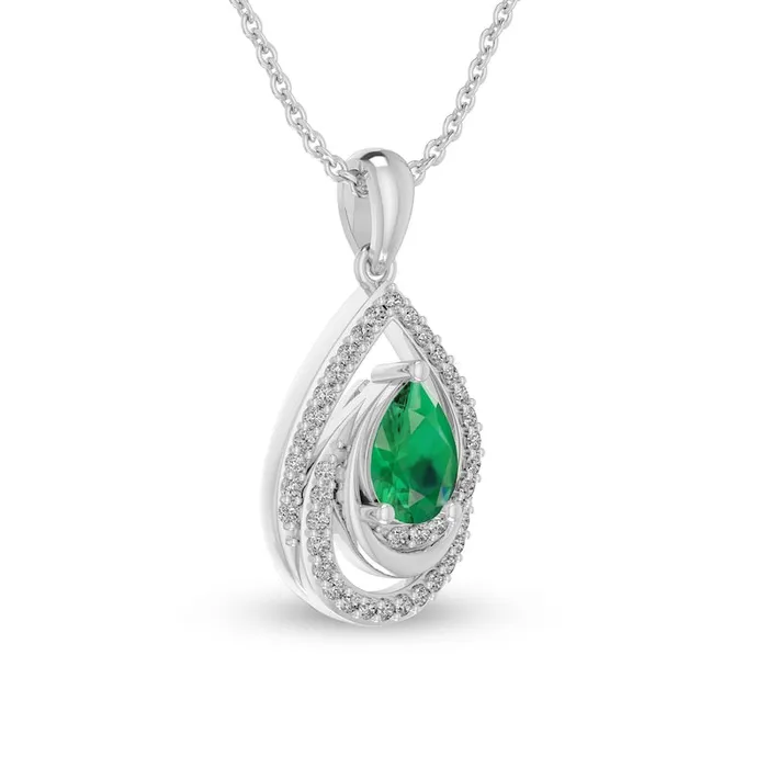 PearShaped LabCreated Emerald and White LabCreated Sapphire Swirl Frame Pendant in Sterling Silver Goldia Necklaces PearShaped LabCreated Emerald and White LabCreated Sapphire Swirl Frame Pendant in Sterling Silver Goldia Necklaces