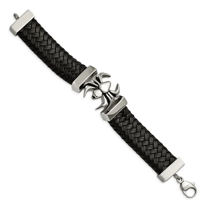 Chisel Stainless Steel Antiqued and Polished Spider Black Braided Leather 85 inch Bracelet TreasureFineJewelers Bracelets