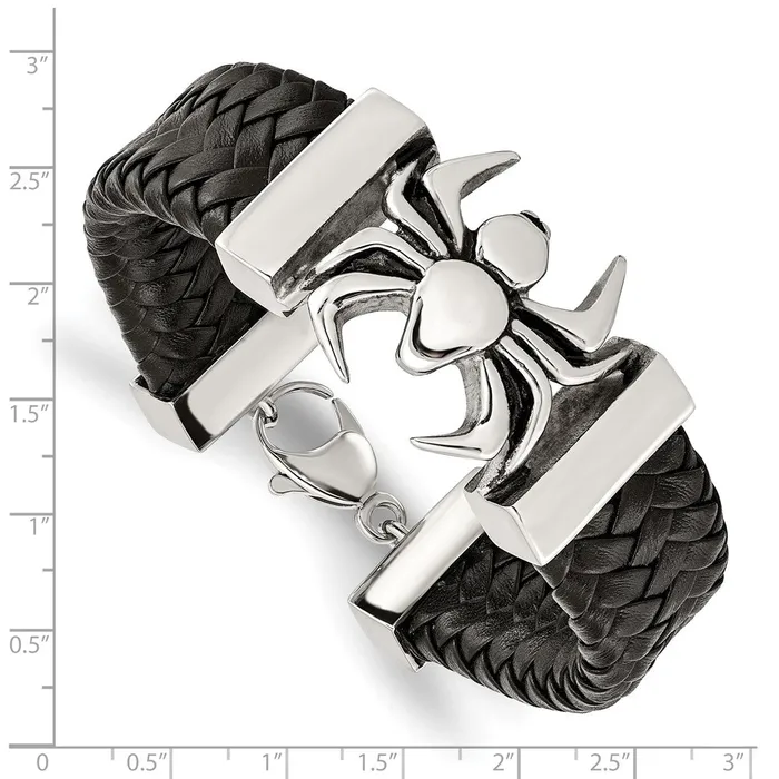 Chisel Stainless Steel Antiqued and Polished Spider Black Braided Leather 85 inch Bracelet TreasureFineJewelers Bracelets