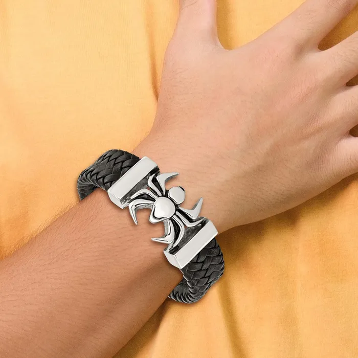 Chisel Stainless Steel Antiqued and Polished Spider Black Braided Leather 85 inch Bracelet TreasureFineJewelers Bracelets