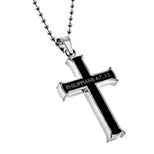 North Arrow Shop Necklaces Philippians 413 Black Cross Necklace STRENGTH Bible Verse Stainless Steel Bead Chain