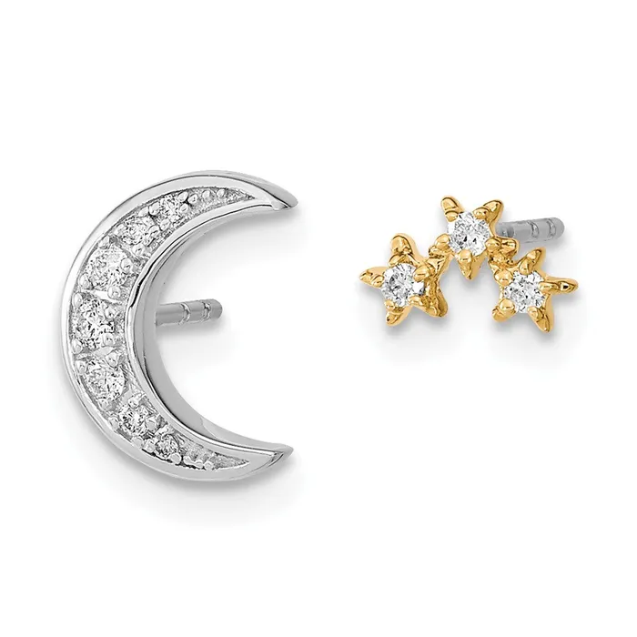 14k Twotone Moon and 3Stars Diamond Mismatch Post EarringsWBCEM6851008WYA WB Choice Jewelry Earrings 14k Twotone Moon and 3Stars Diamond Mismatch Post EarringsWBCEM6851008WYA WB Choice Jewelry Earrings