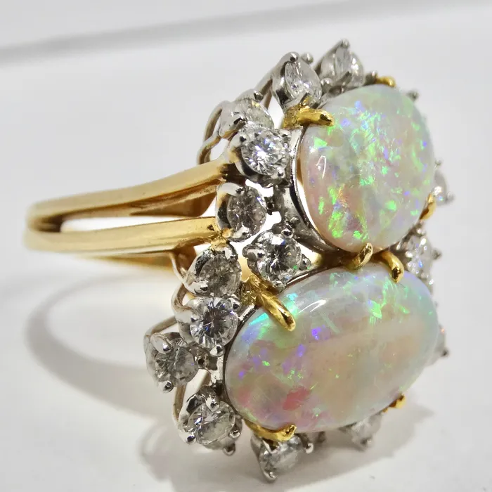 Australian Opal Sparkling Cocktail Diamond 18K Gold Ring Vintage by Misty Rings