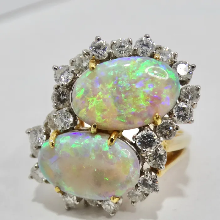 Australian Opal Sparkling Cocktail Diamond 18K Gold Ring Vintage by Misty Rings