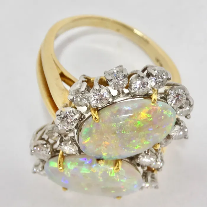 Australian Opal Sparkling Cocktail Diamond 18K Gold Ring Vintage by Misty Rings