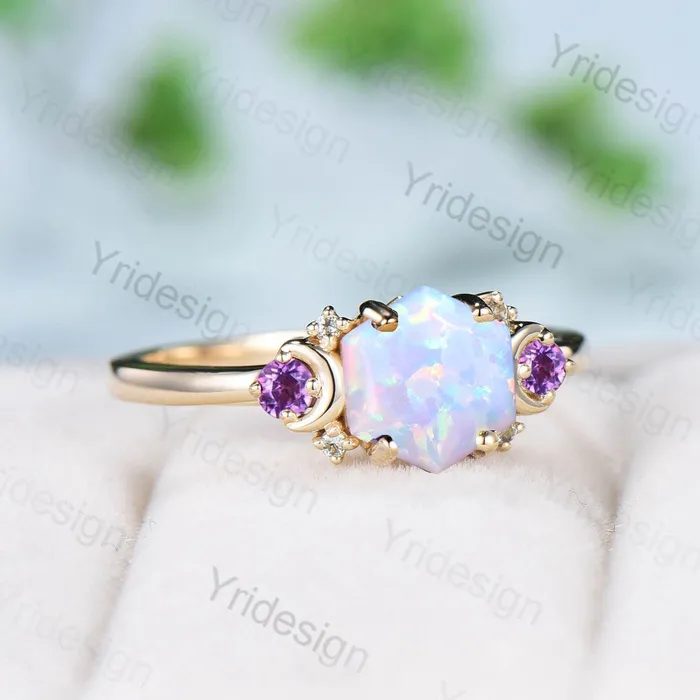 Rings PENFINE Vintage Moon Opal Amethyst Engagement Ring 14K Yellow Gold Unique Hexagon Fire Opal Promise Ring Women Art Deco Cluster Promise Ring Gift Rings PENFINE Vintage Moon Opal Amethyst Engagement Ring 14K Yellow Gold Unique Hexagon Fire Opal Promise Ring Women Art Deco Cluster Promise Ring Gift