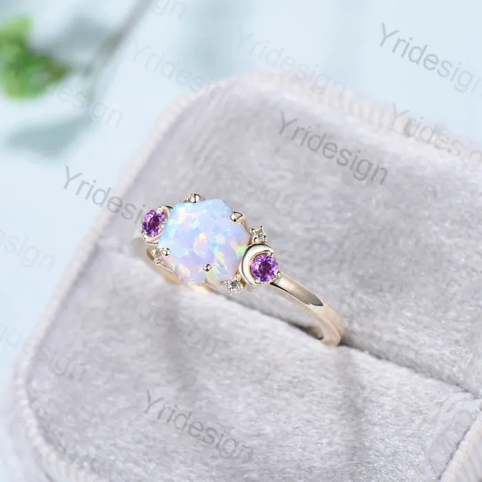 Rings PENFINE Vintage Moon Opal Amethyst Engagement Ring 14K Yellow Gold Unique Hexagon Fire Opal Promise Ring Women Art Deco Cluster Promise Ring Gift Rings PENFINE Vintage Moon Opal Amethyst Engagement Ring 14K Yellow Gold Unique Hexagon Fire Opal Promise Ring Women Art Deco Cluster Promise Ring Gift