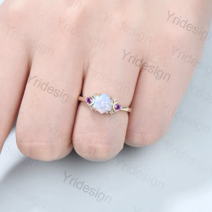 Rings PENFINE Vintage Moon Opal Amethyst Engagement Ring 14K Yellow Gold Unique Hexagon Fire Opal Promise Ring Women Art Deco Cluster Promise Ring Gift Rings PENFINE Vintage Moon Opal Amethyst Engagement Ring 14K Yellow Gold Unique Hexagon Fire Opal Promise Ring Women Art Deco Cluster Promise Ring Gift